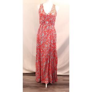 Womens Rayon Maxi Dress size M Red Blue Lined Geometric Smocked Back Boho Chic